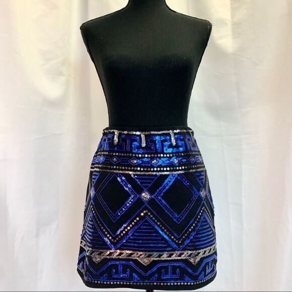 PEACHPUFF Blue Sequin Tribal Mini Skirt - S Sz - Picture 3 of 13